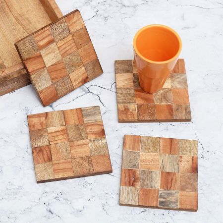 Brown Check Pattern Wooden Coasters - Pack of 4